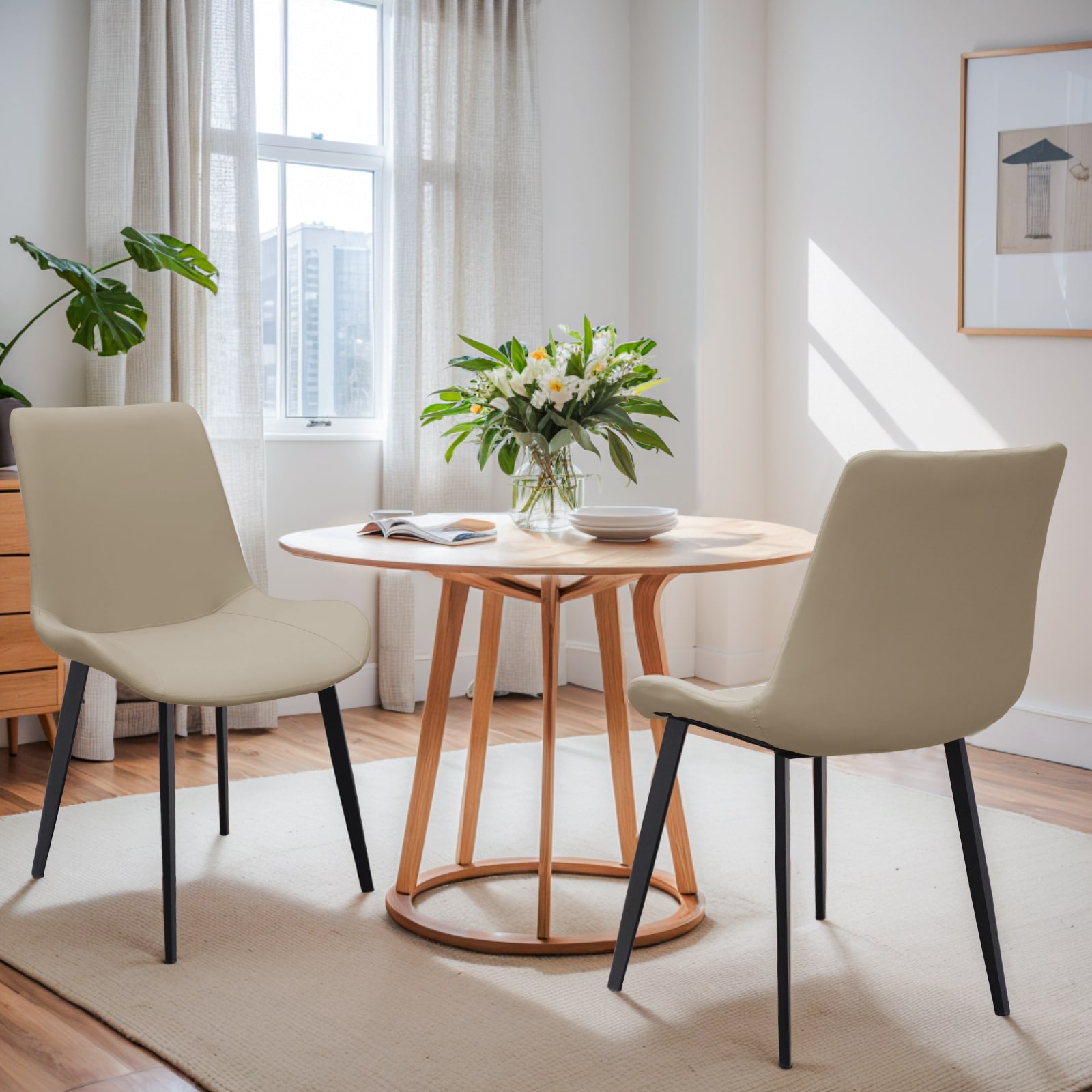 Tan PU Leather Dining Chair with Metal Legs, Modern Upholstered Chair Set of 2 for Kitchen, Restaurant, Living, Meeting Room